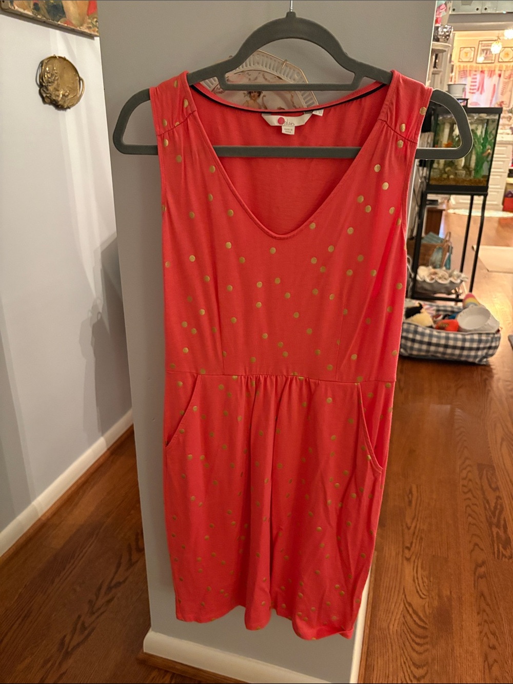 Boden Coral Sleeveless Dress with Gold Dot Accents